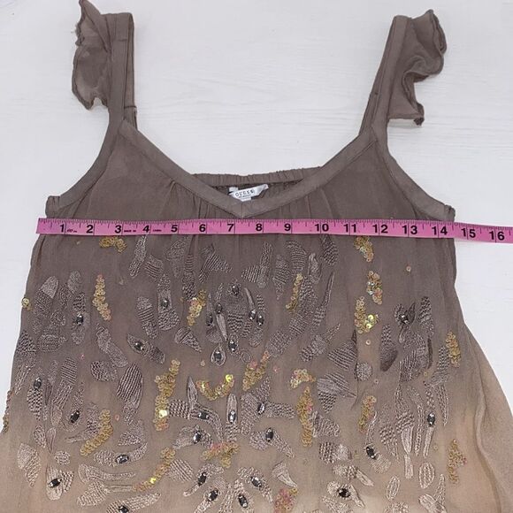 Guess Embellished Semi Sheer Ombre Tan And Cream Tone Blouse With Chiffon Straps - Picture 7 of 8